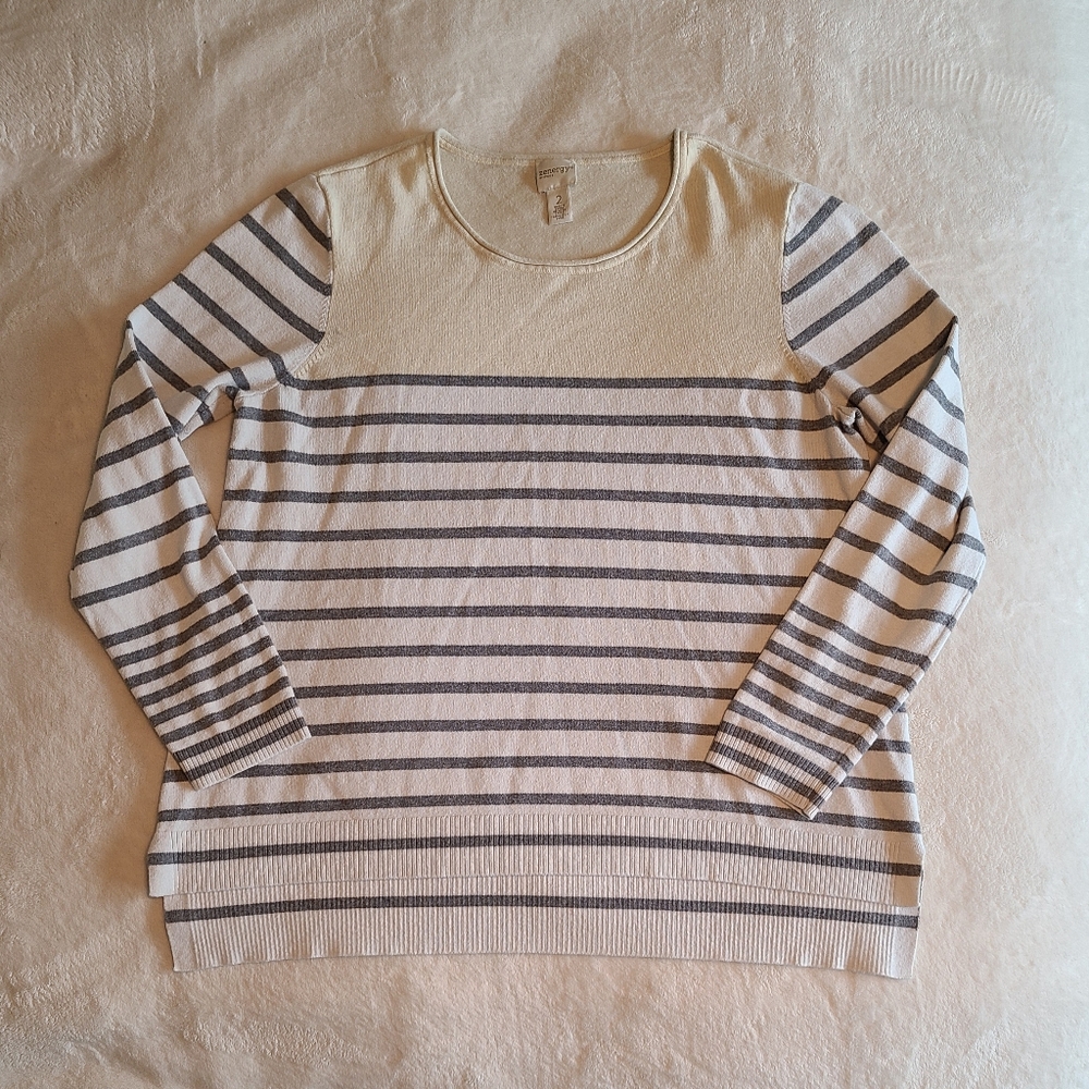 Chicos Zenergy Size L Striped Cream White Gray Sweater Long Sleeve